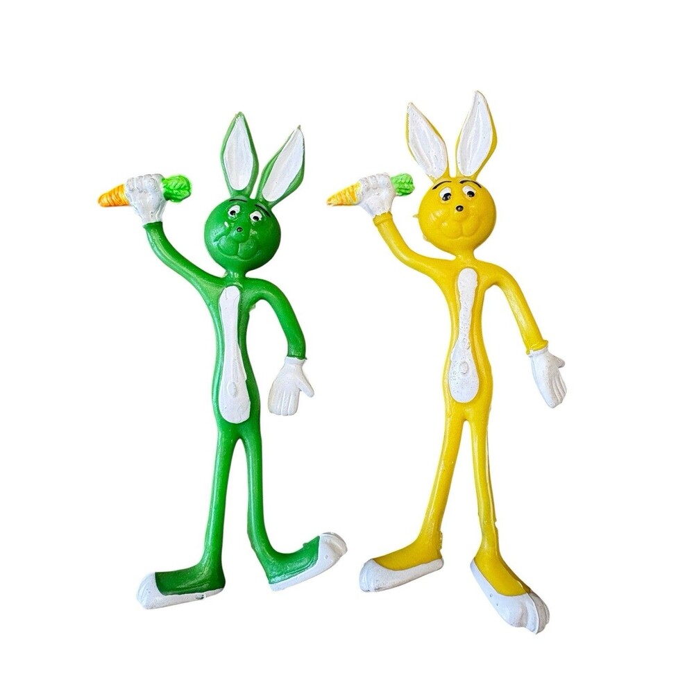Vintage Bendable Easter Bunny Figures Pair Poseable Carrot 5" Green Yellow